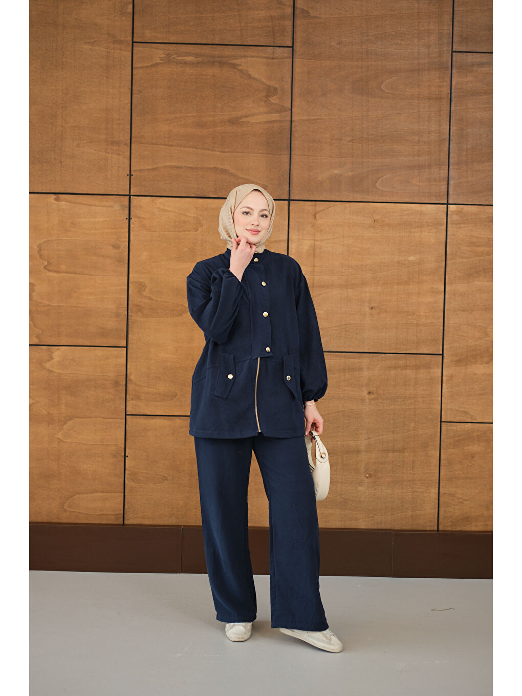 Kadın Gold Düğmeli Çift Cepli Fermuarlı Takım Lacivert-2