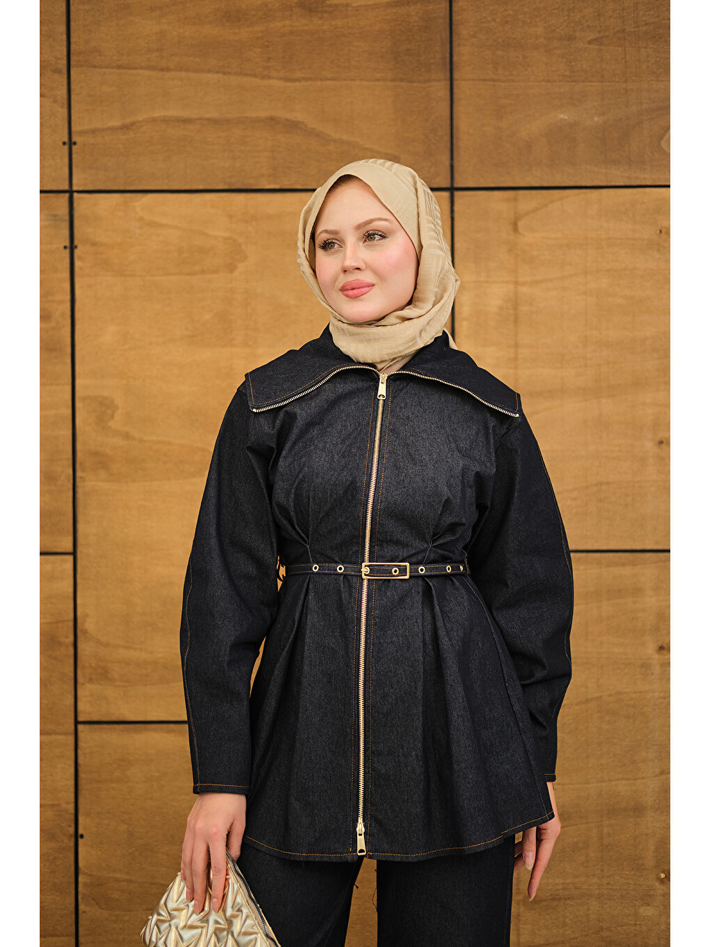 Kadın Bebe Yaka Kemer Bağlamalı Fermuarlı Pantolonlu Takım Lacivert-2