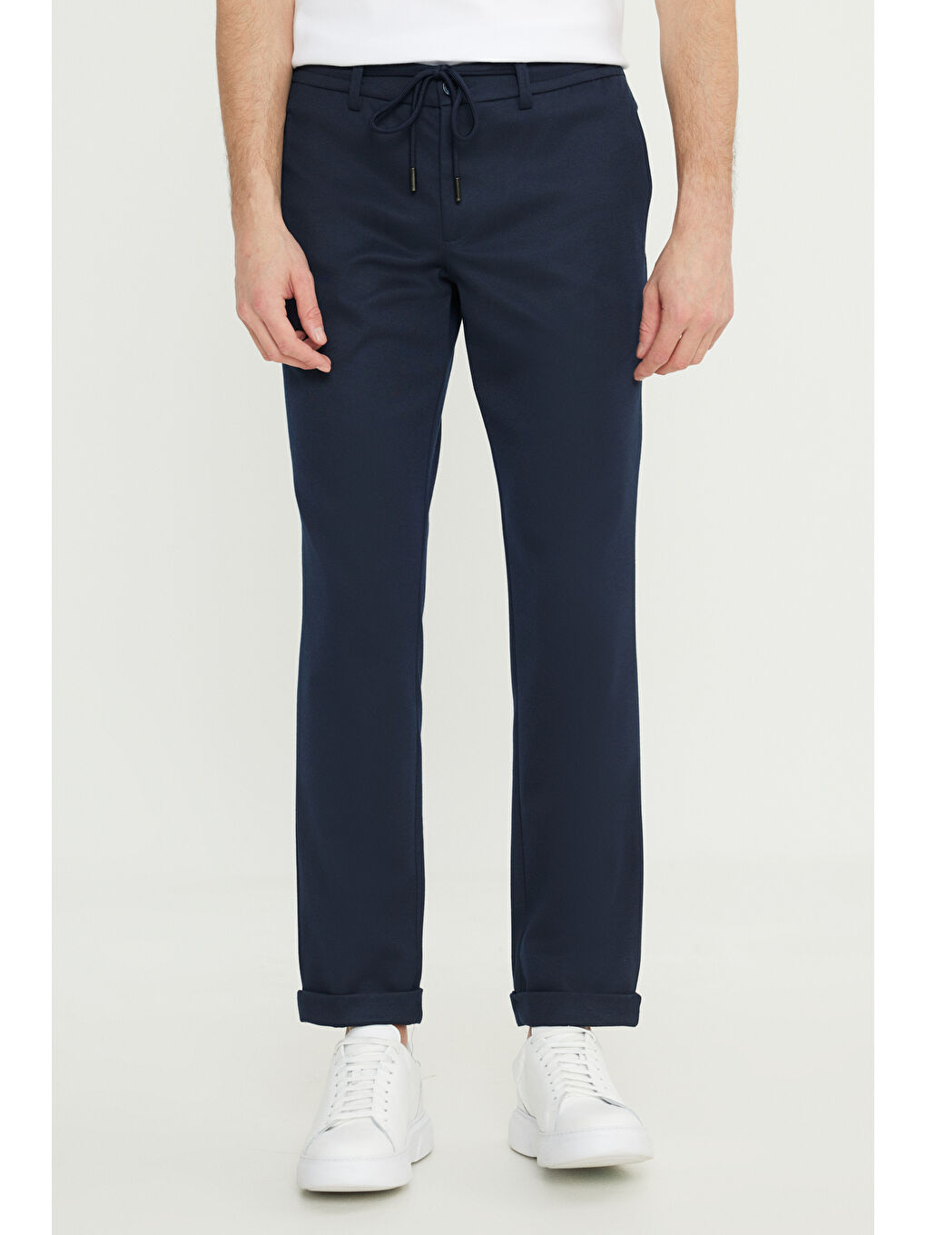 Erkek Lacivert Slim Fit Dar Kesim Beli Bağlamalı Yan Cep Esnek Casual Pantolon-1