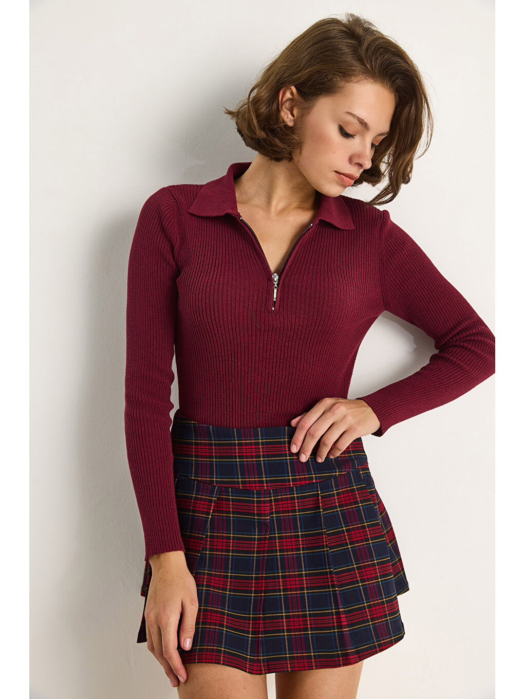 Bordo Kadın Fermuarlı Kazak-3