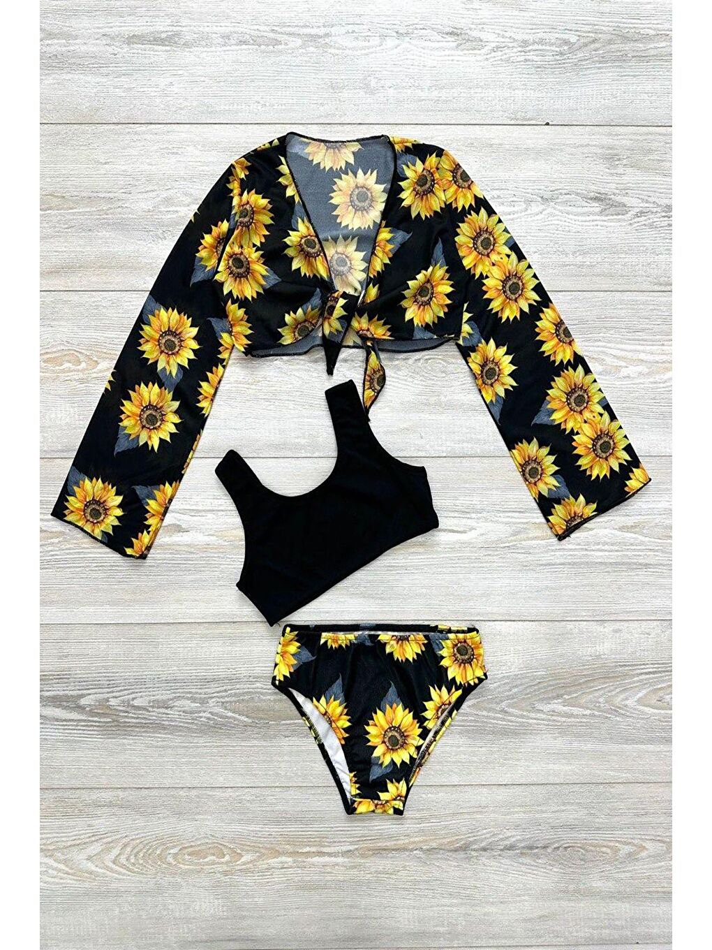 Siyah Yeni Sezon Kız Çocuk Bolerolu Bikini 3'lü Takım
