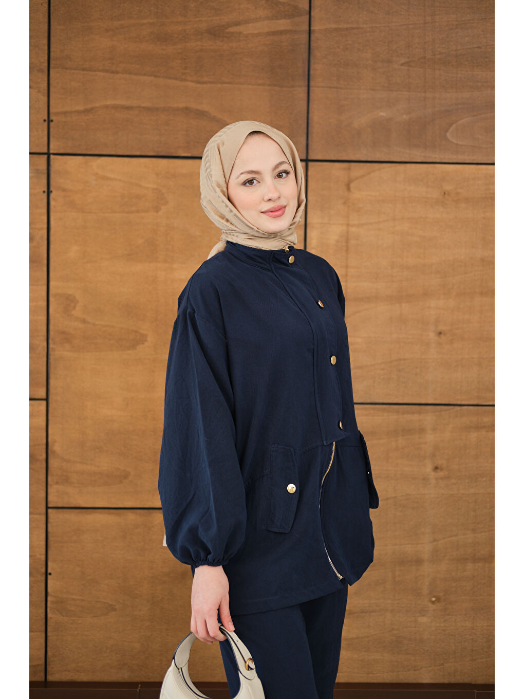 Kadın Gold Düğmeli Çift Cepli Fermuarlı Takım Lacivert-3