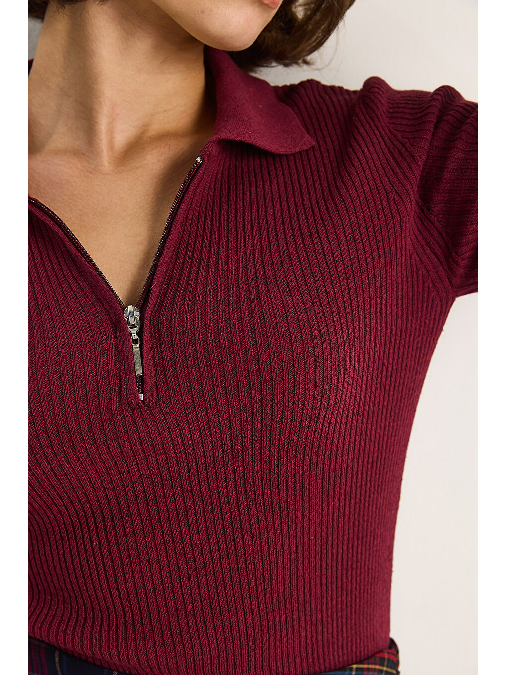 Bordo Kadın Fermuarlı Kazak-4