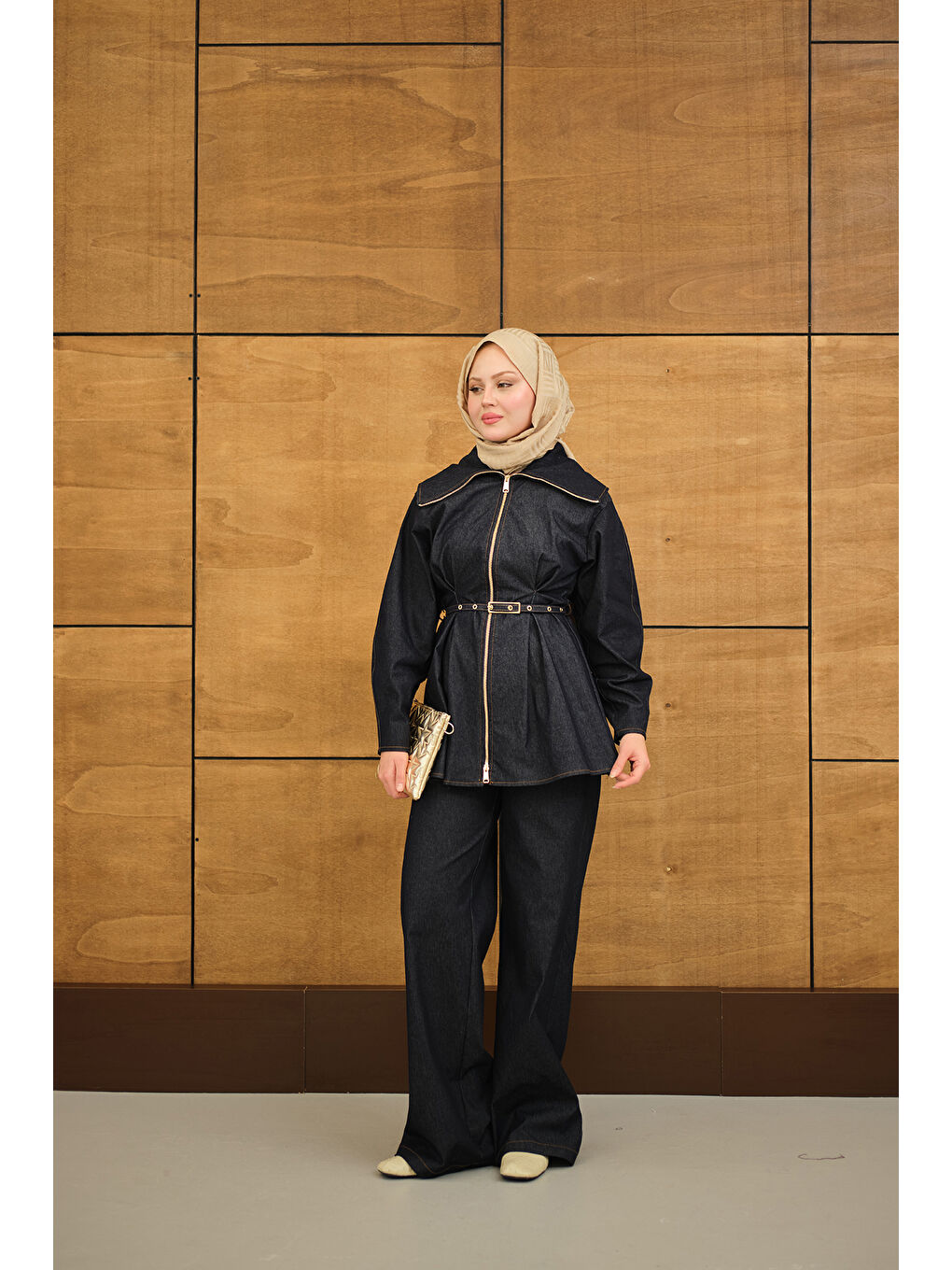 Kadın Bebe Yaka Kemer Bağlamalı Fermuarlı Pantolonlu Takım Lacivert-3