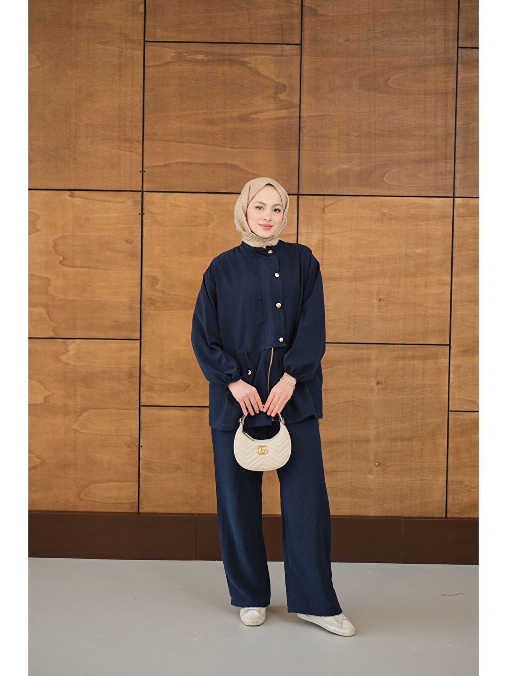 Kadın Gold Düğmeli Çift Cepli Fermuarlı Takım Lacivert-4