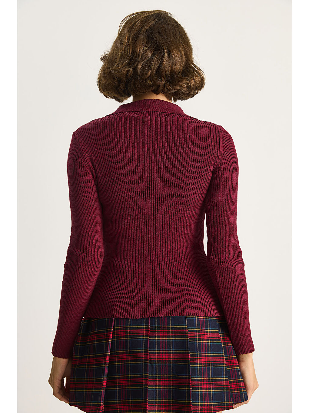 Bordo Kadın Fermuarlı Kazak-5