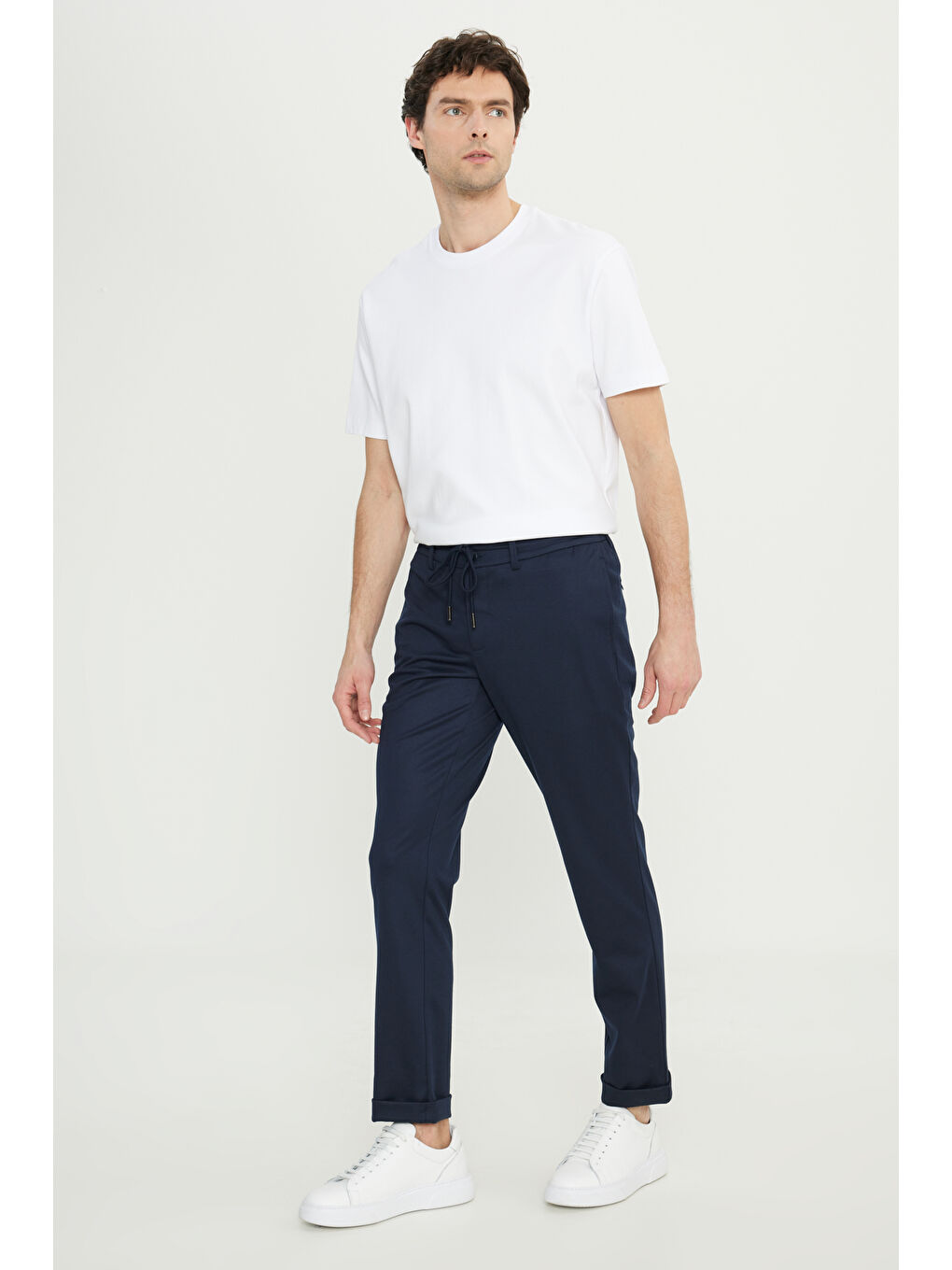 Erkek Lacivert Slim Fit Dar Kesim Beli Bağlamalı Yan Cep Esnek Casual Pantolon-2