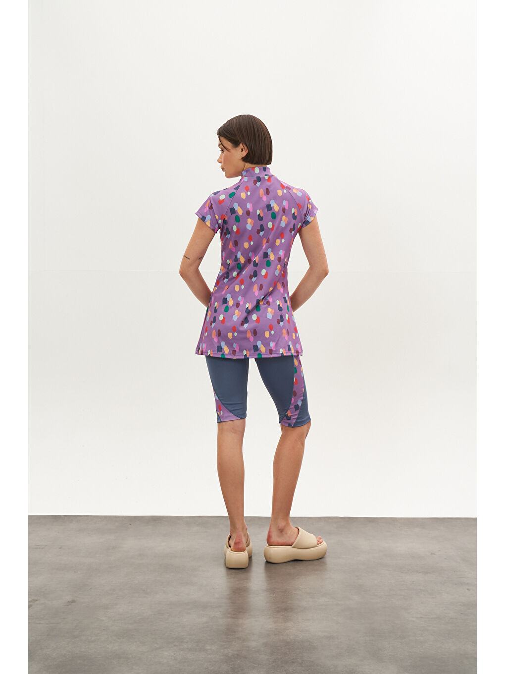 Puantiye Desen Yarı Kapalı Mayo Lila-2