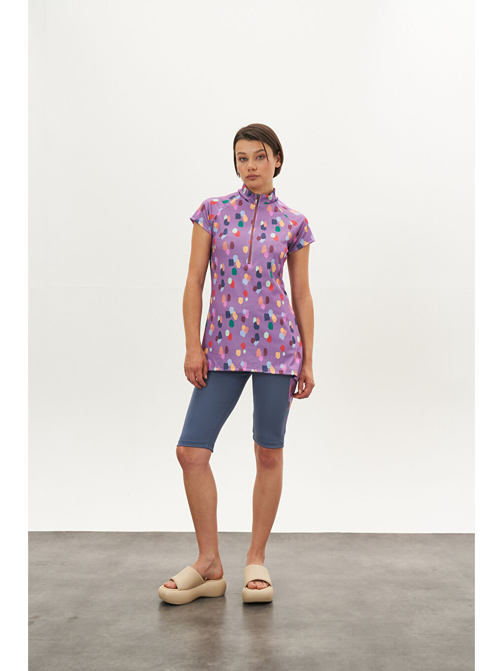 Puantiye Desen Yarı Kapalı Mayo Lila-3