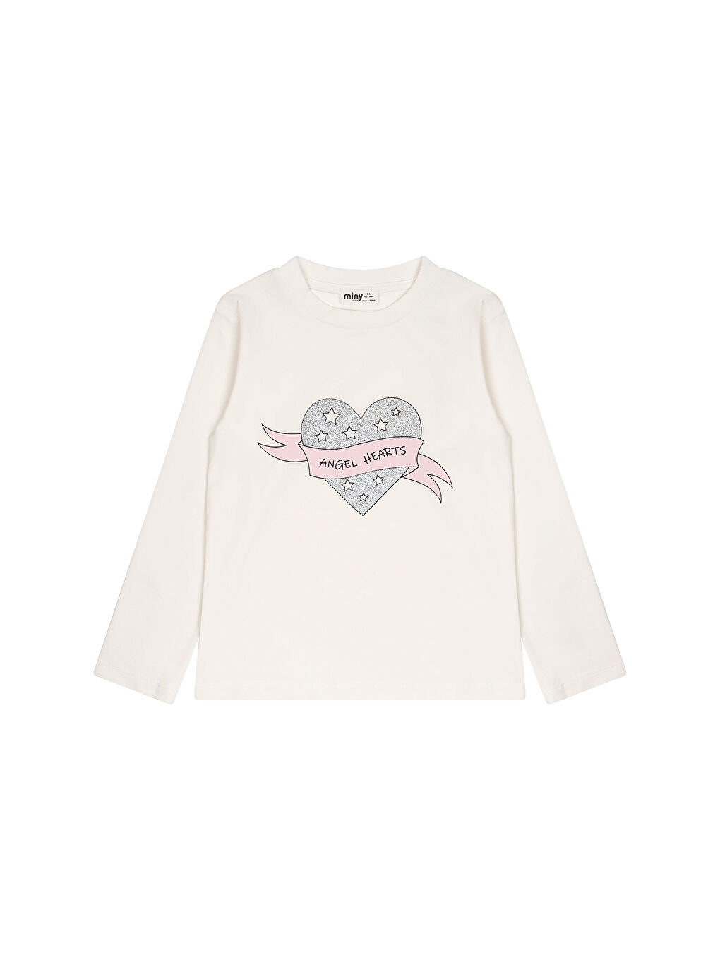 Ekru Simli Kalp Baskılı Uzun Kollu Tişört-1