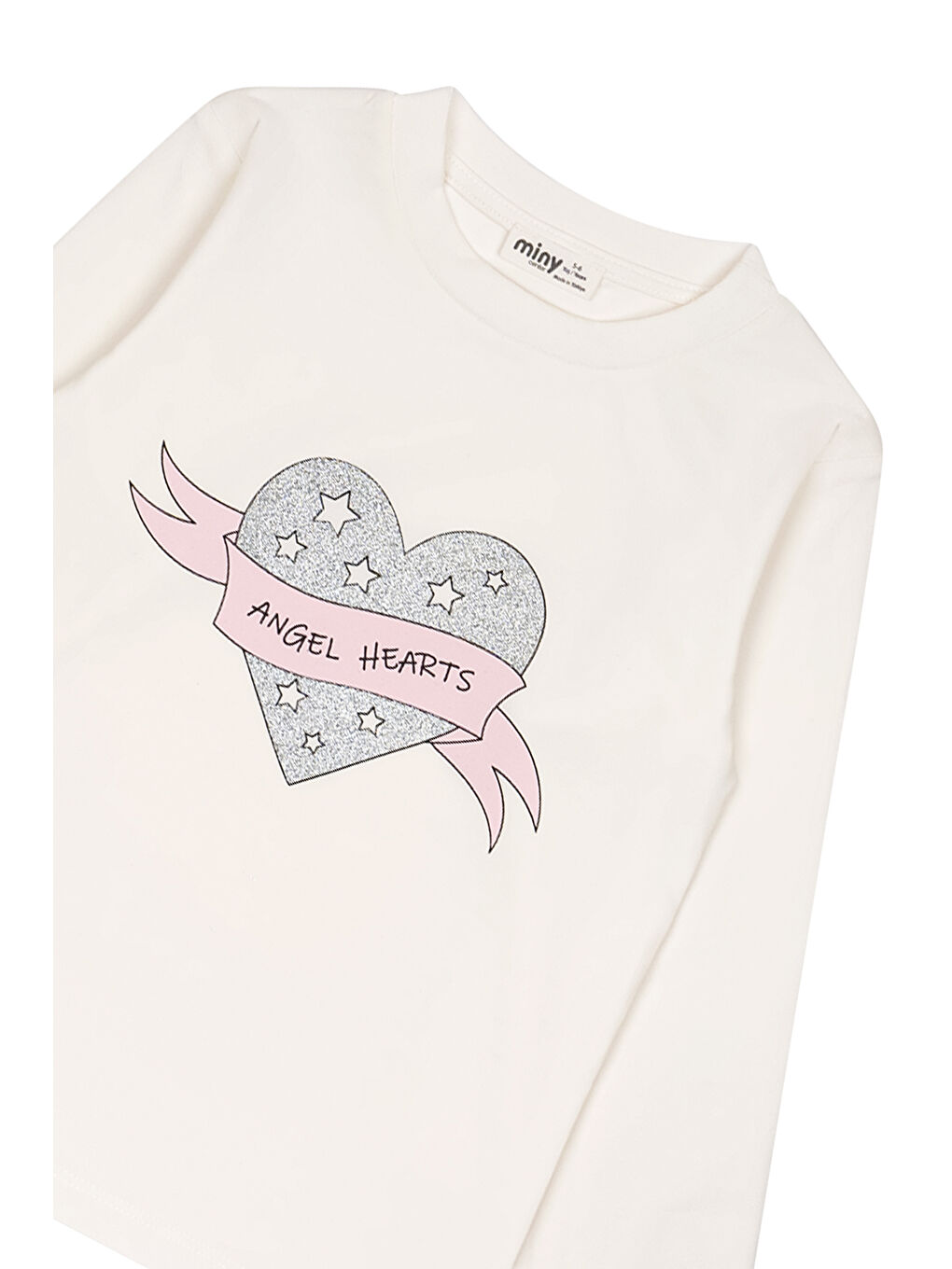 Ekru Simli Kalp Baskılı Uzun Kollu Tişört-3