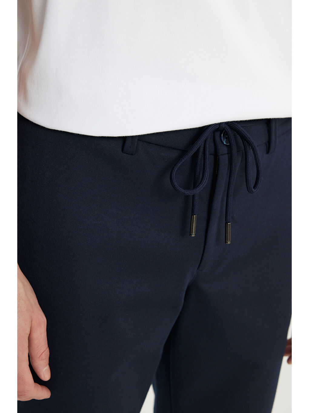 Erkek Lacivert Slim Fit Dar Kesim Beli Bağlamalı Yan Cep Esnek Casual Pantolon-4