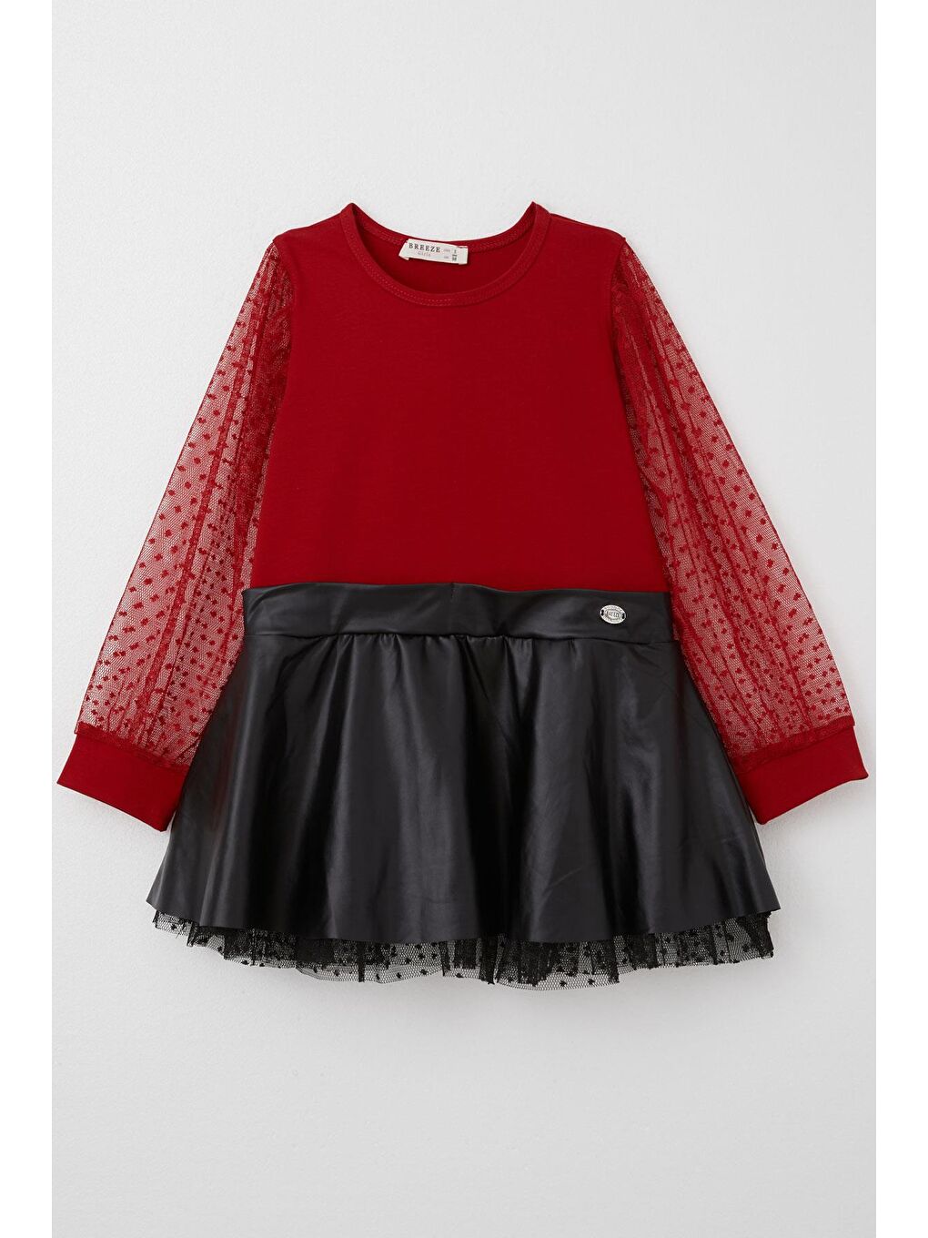Kız Çocuk Uzun Kollu Elbise Etek Kısmı Deri Kolları Tül Detaylı Kırmızı (3-8 Yaş)