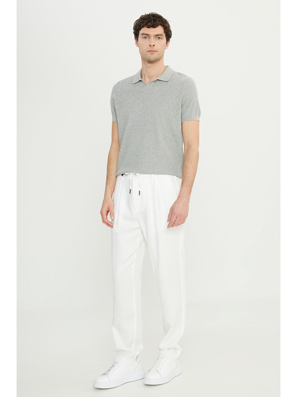 Erkek Ekru Yumuşak Dokulu Slim Fit Dar Kesim Beli Bağlamalı Yan Cepli Diagonal Desenli Pantolon-2