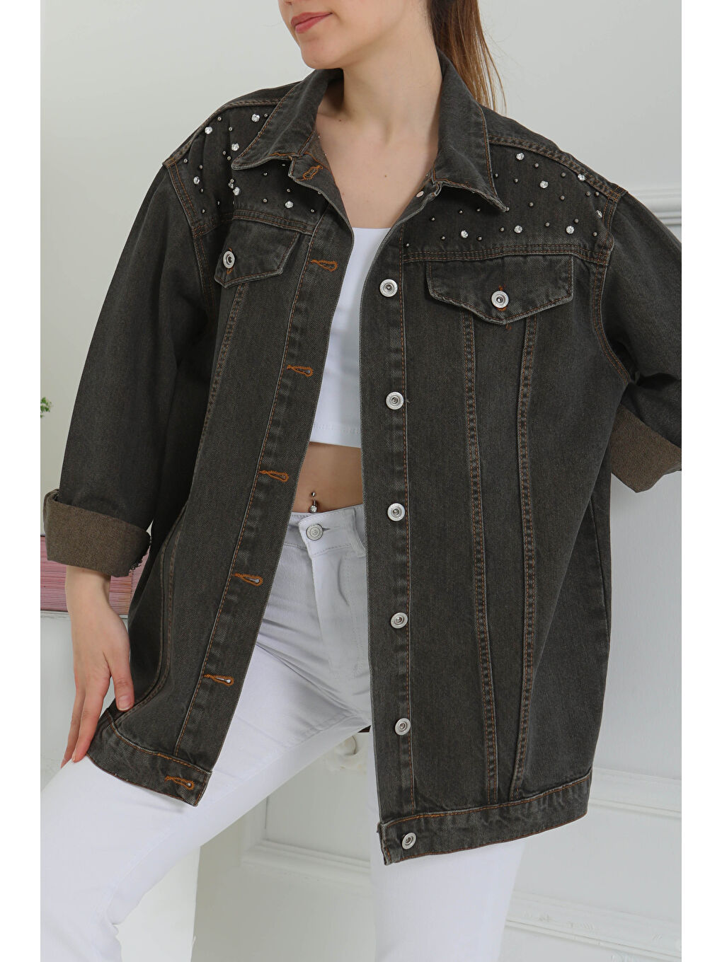 Kahverengi Kadın Omuz Taş Detaylı Oversize Jean Ceket Kahve Tint Yikama - 27198-3