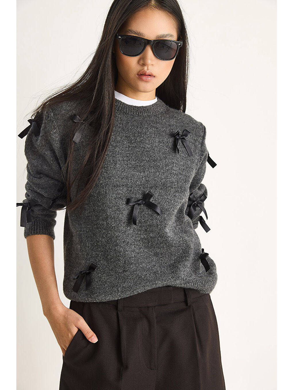 Antrasit Kadın Fiyonklu Regular Triko Kazak-1