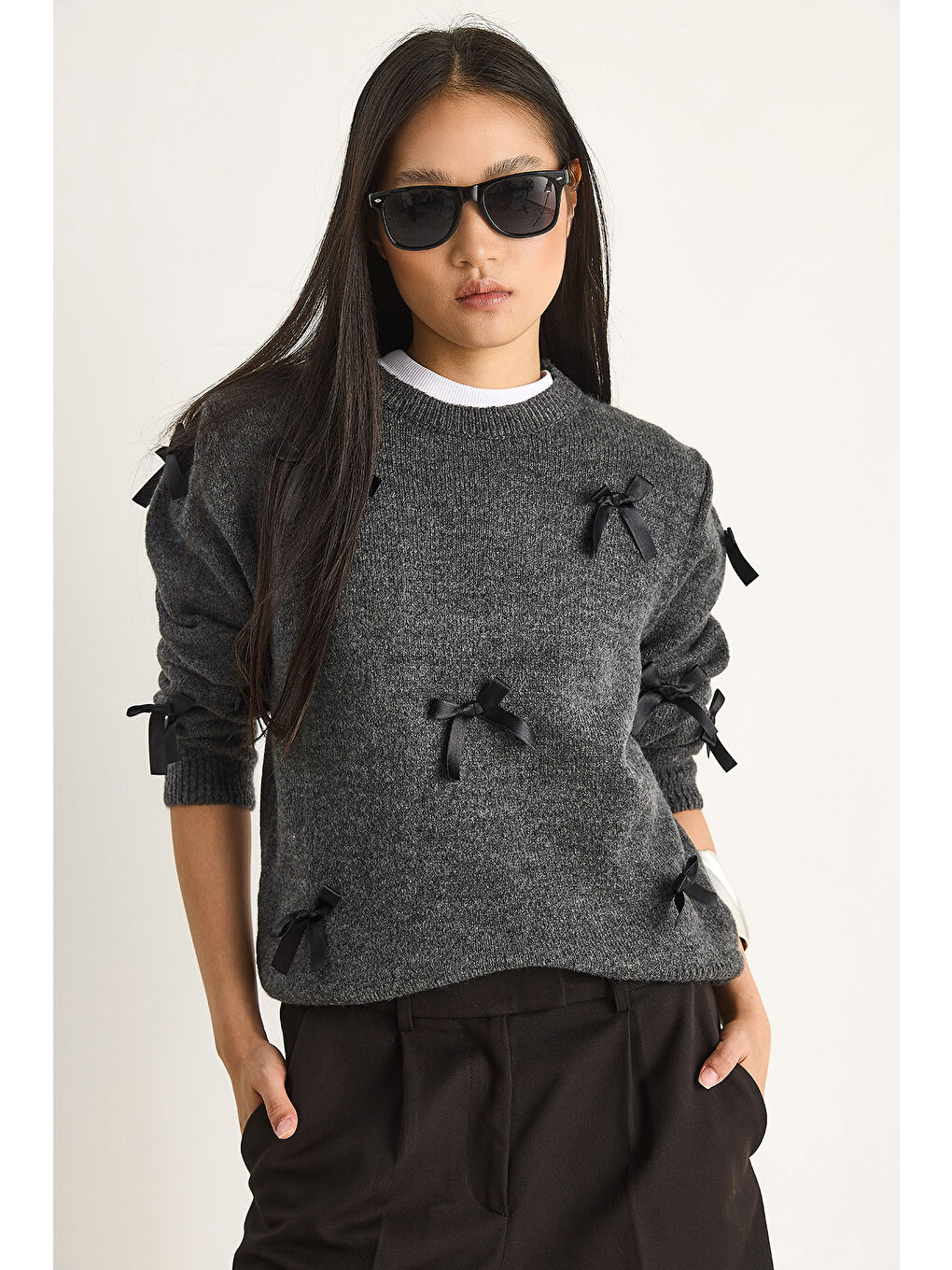 Antrasit Kadın Fiyonklu Regular Triko Kazak-2