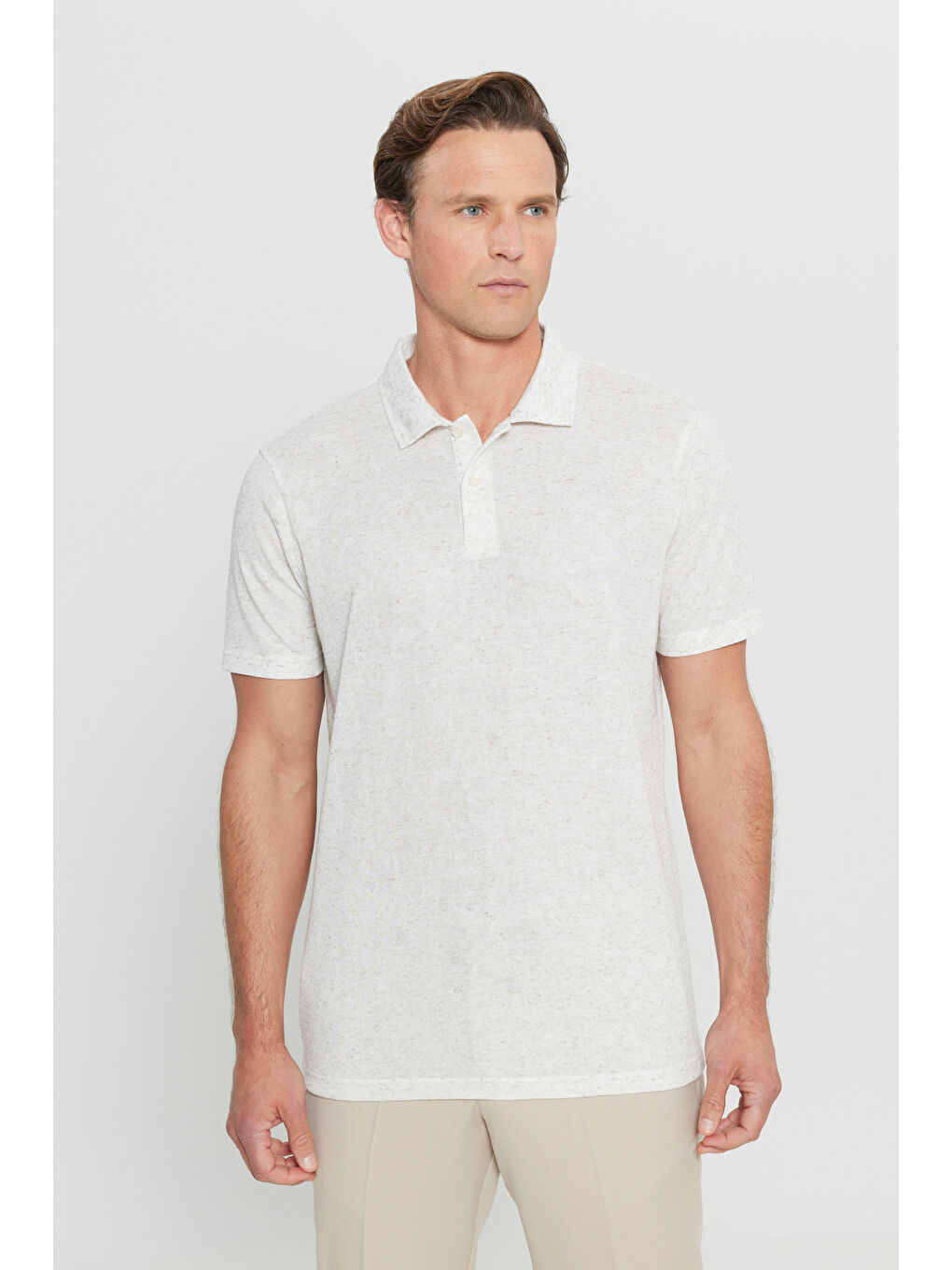 Erkek Ekru Keten Karışımlı Regular Fit Normal Kesim Polo Yaka Tişört