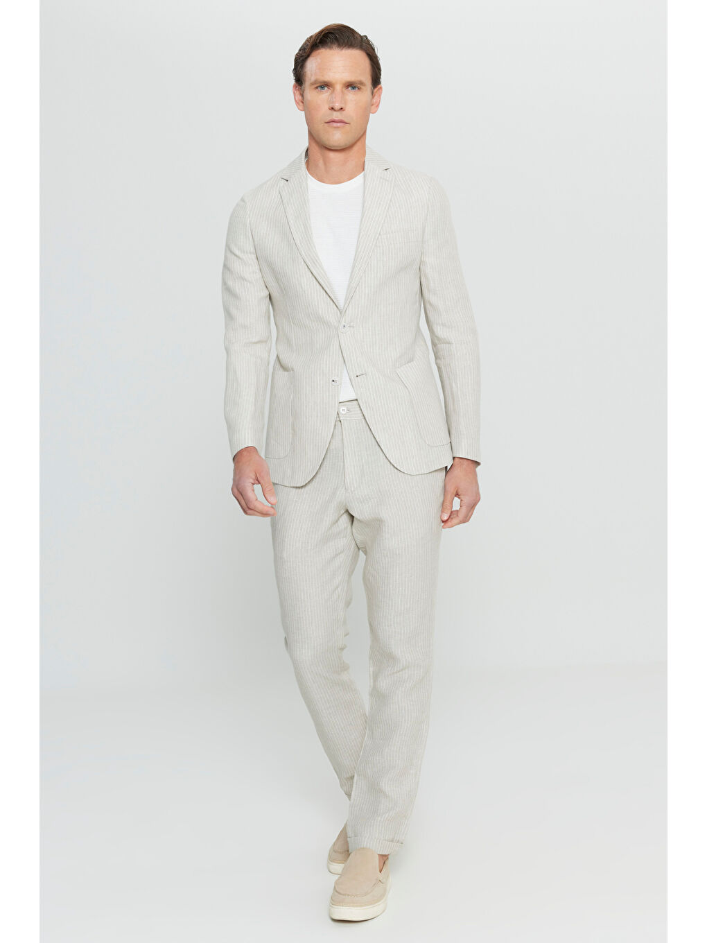 Erkek Bej %100 Keten Slim Fit Dar Kesim Mono Yaka Diagonal Desenli Torba Cepli Takım Elbise-1