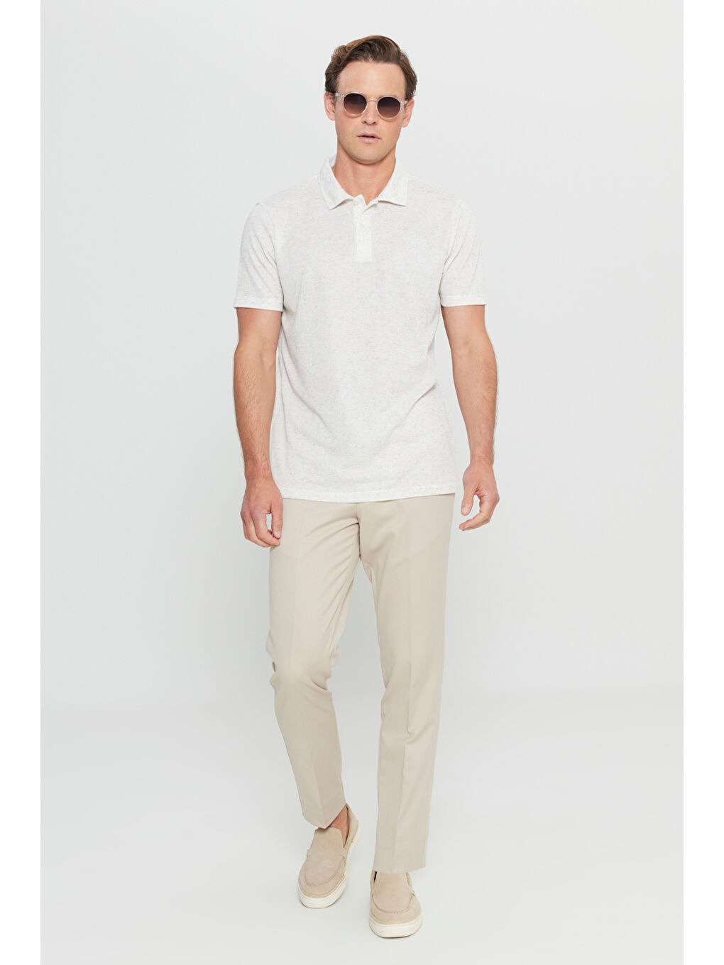 Erkek Ekru Keten Karışımlı Regular Fit Normal Kesim Polo Yaka Tişört-1