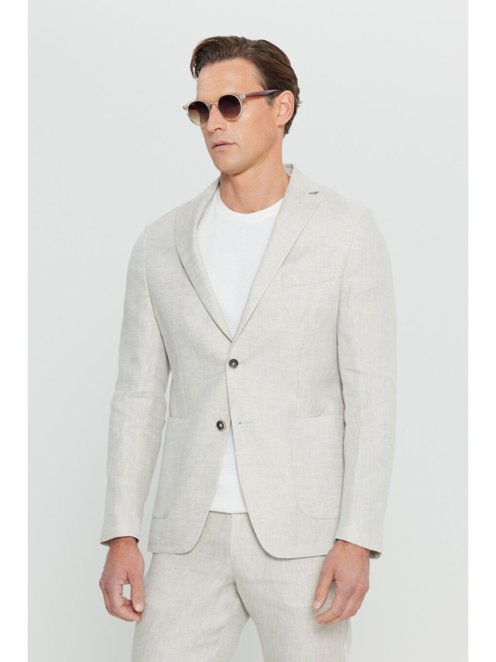 Erkek Bej %100 Keten Ekstra Slim Fit Dar Kesim Beli Bağlamalı Kapak Cepli Takım Elbise