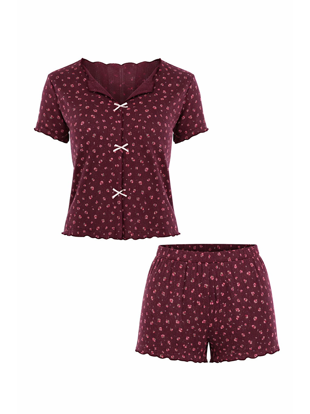 Bordo Kadın Çiçek Desenli Fiyonklu Kaşkorse Kısa Kollu Şort Takım-1