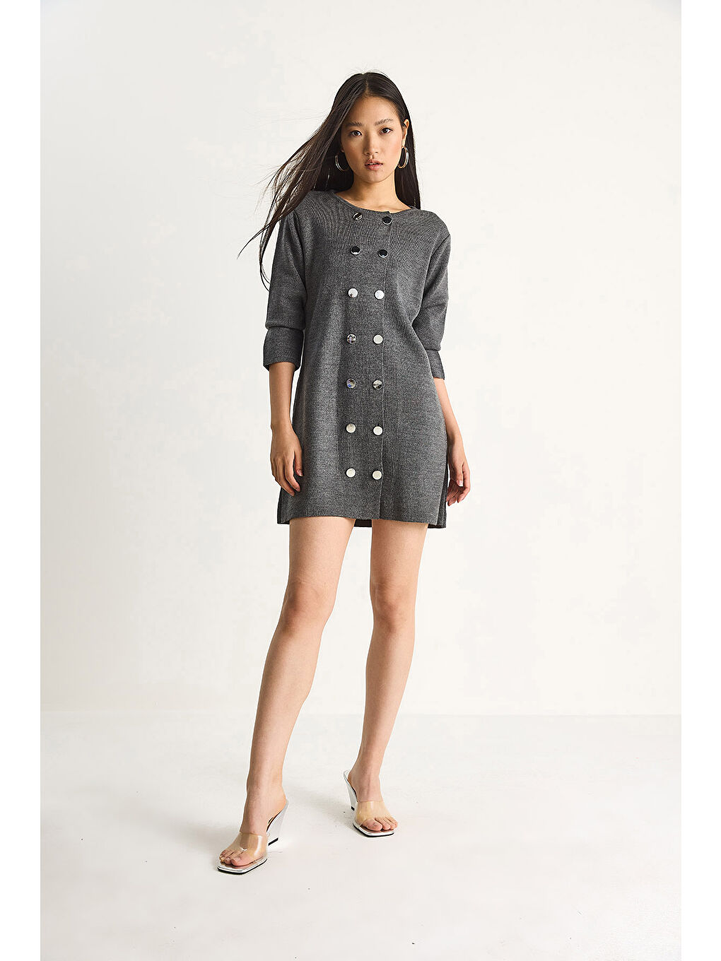 Gri Kadın Bisiklet Yaka Düğme Detaylı Triko Elbise-1