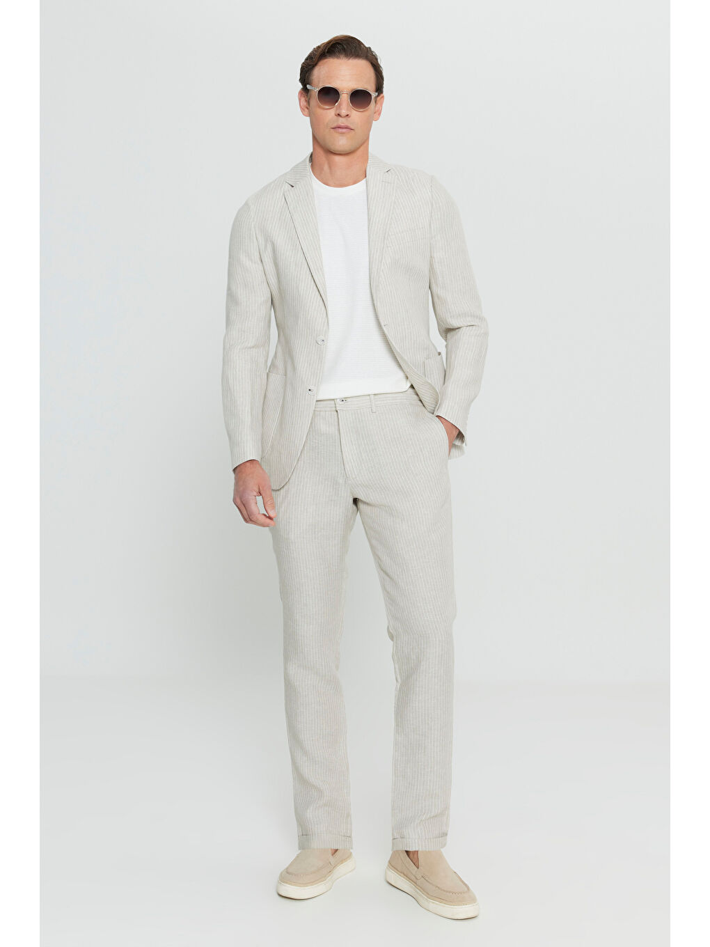 Erkek Bej %100 Keten Slim Fit Dar Kesim Mono Yaka Diagonal Desenli Torba Cepli Takım Elbise-3