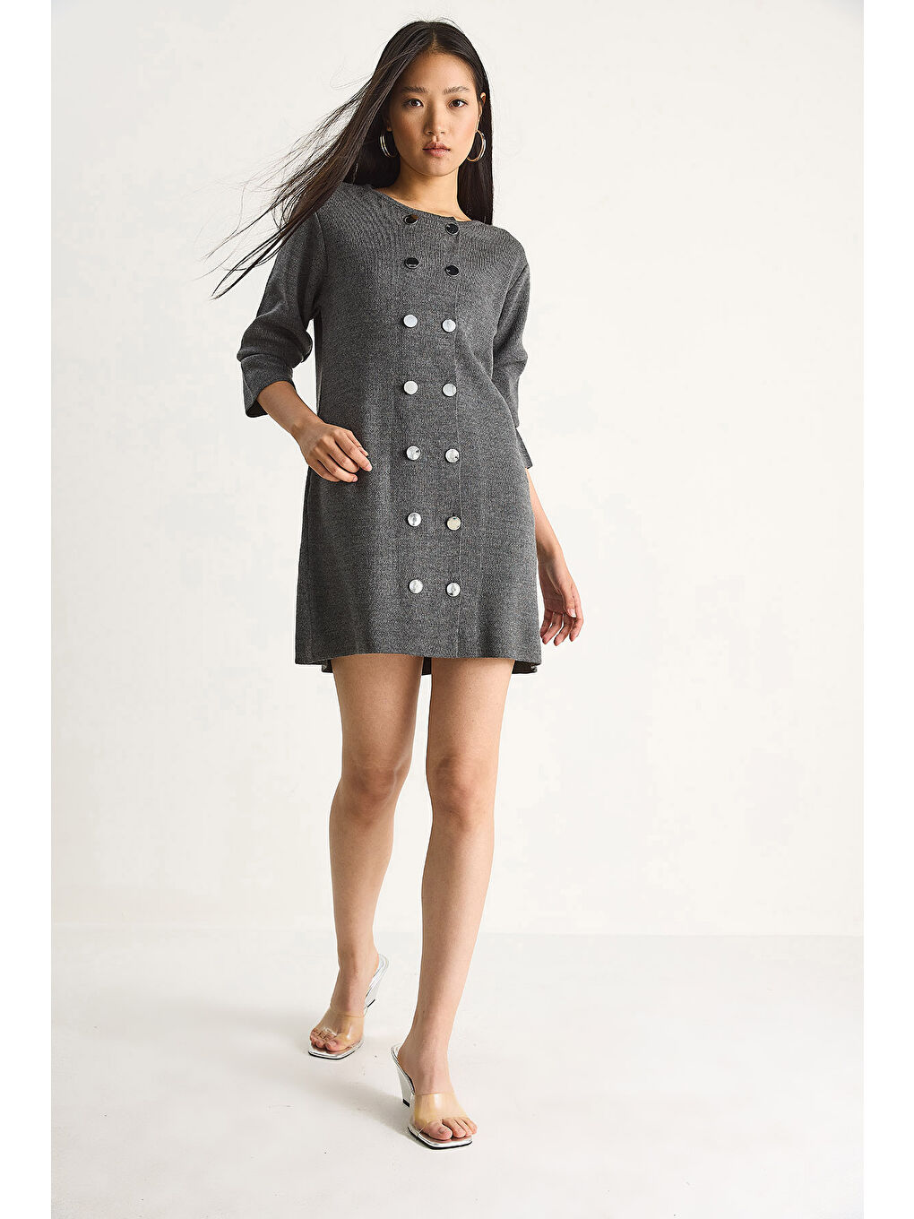 Gri Kadın Bisiklet Yaka Düğme Detaylı Triko Elbise-2