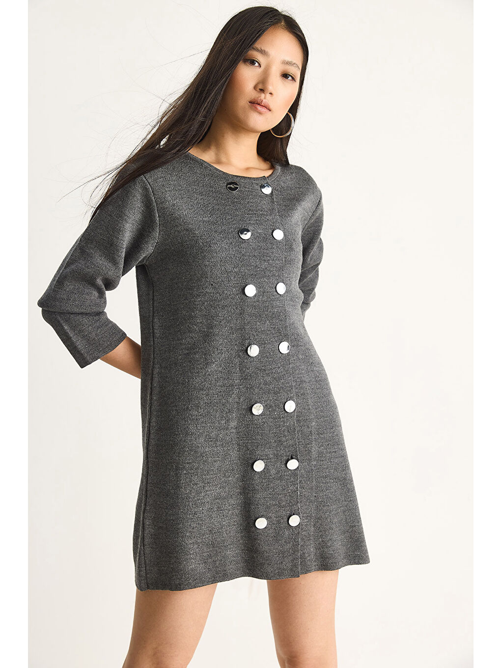 Gri Kadın Bisiklet Yaka Düğme Detaylı Triko Elbise-3