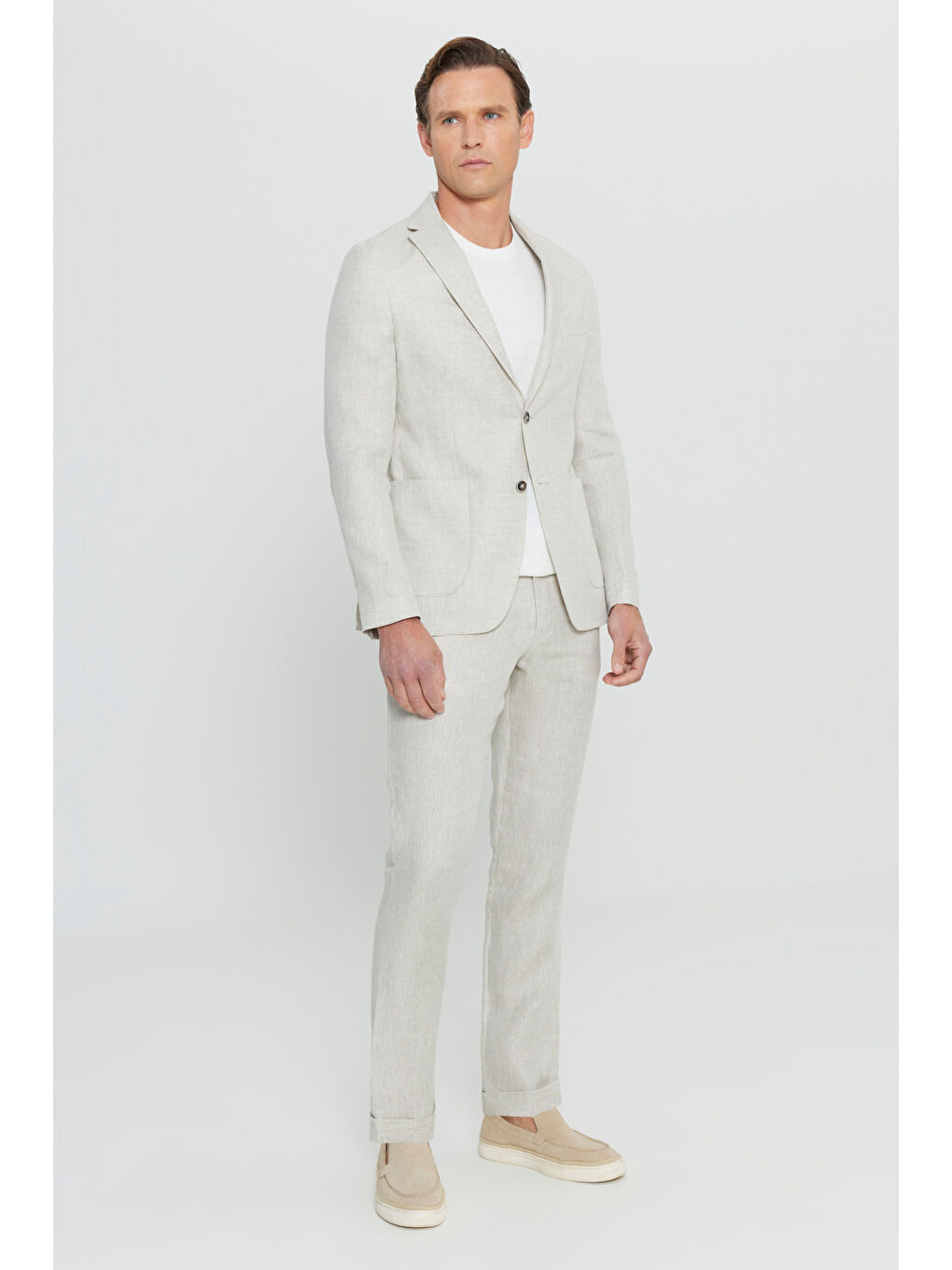 Erkek Bej %100 Keten Ekstra Slim Fit Dar Kesim Beli Bağlamalı Kapak Cepli Takım Elbise-1