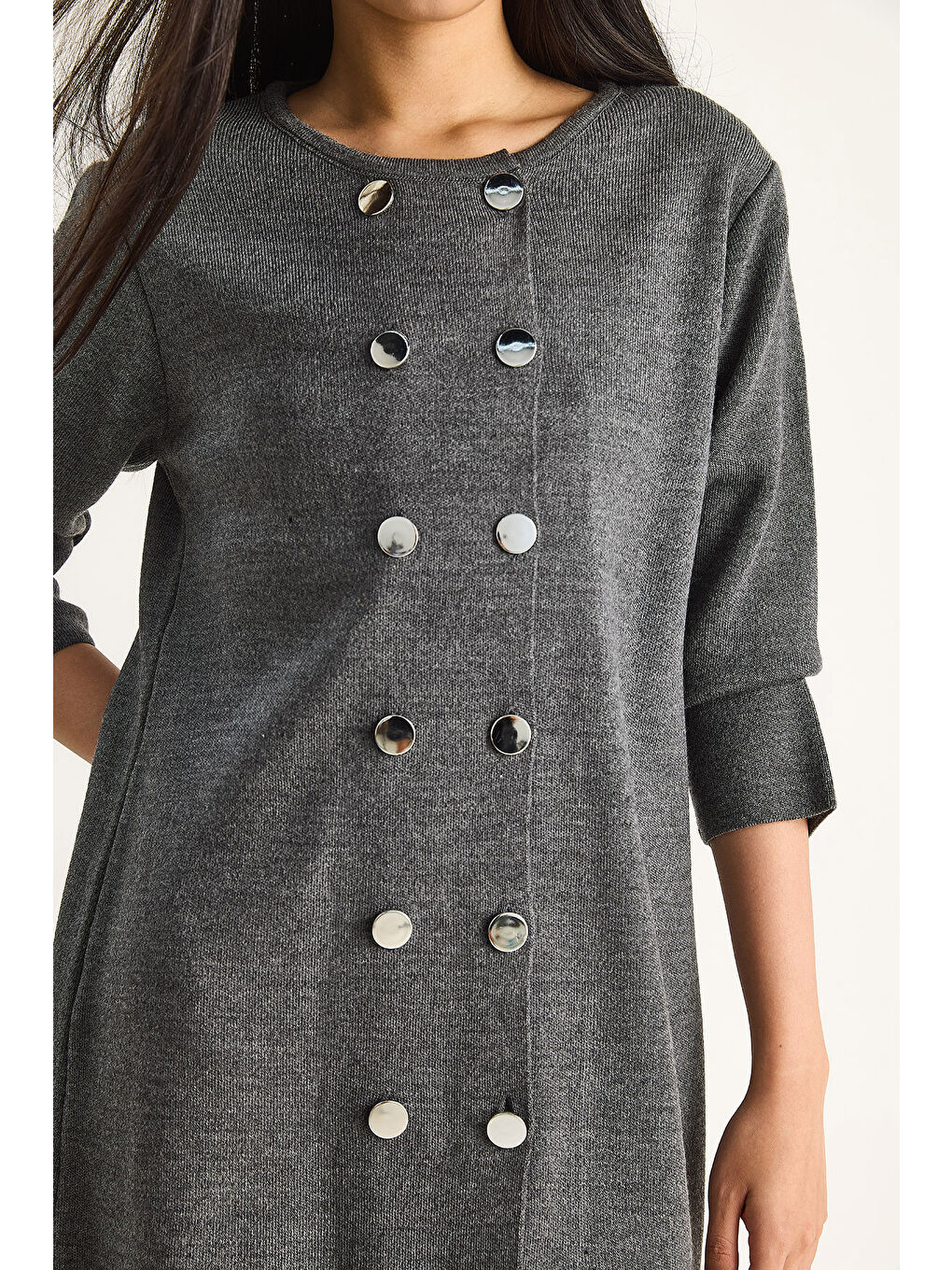 Gri Kadın Bisiklet Yaka Düğme Detaylı Triko Elbise-4