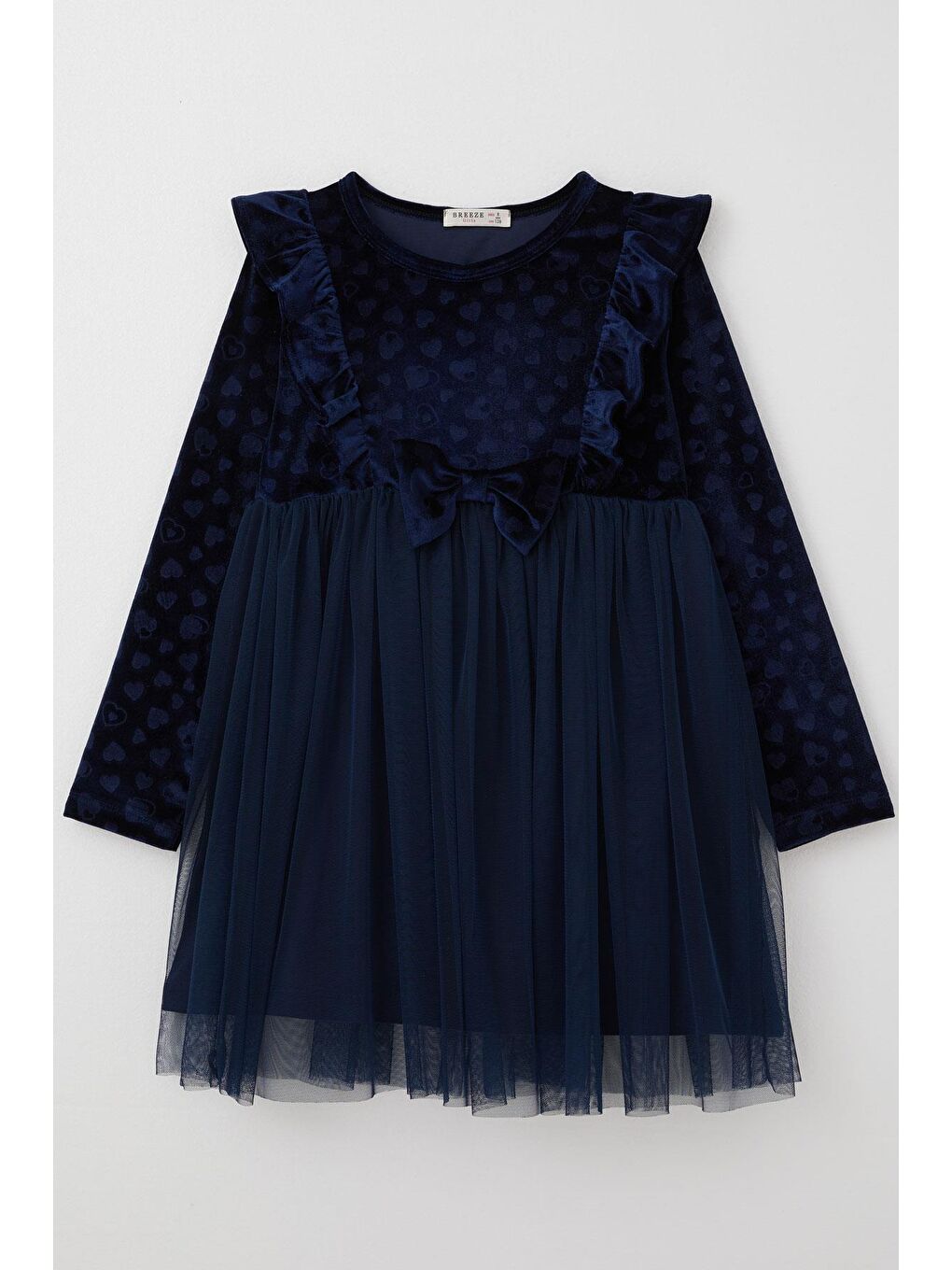 Kız Çocuk Uzun Kollu Elbise Kadife Kalp Desenli Fiyonklu Lacivert (4-7 Yaş)