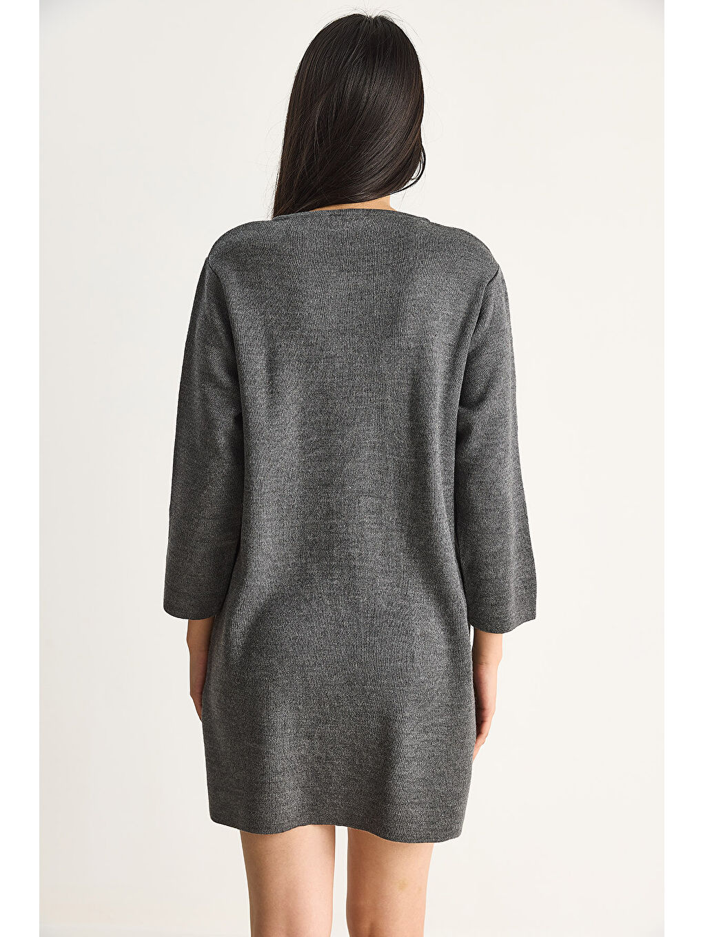 Gri Kadın Bisiklet Yaka Düğme Detaylı Triko Elbise-5