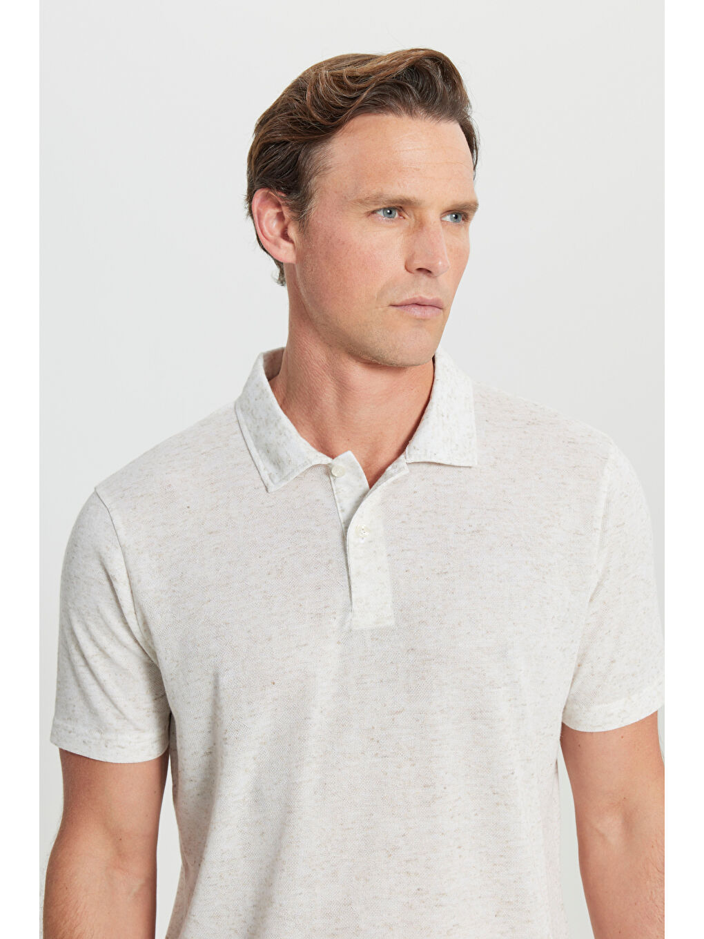 Erkek Ekru Keten Karışımlı Regular Fit Normal Kesim Polo Yaka Tişört-3