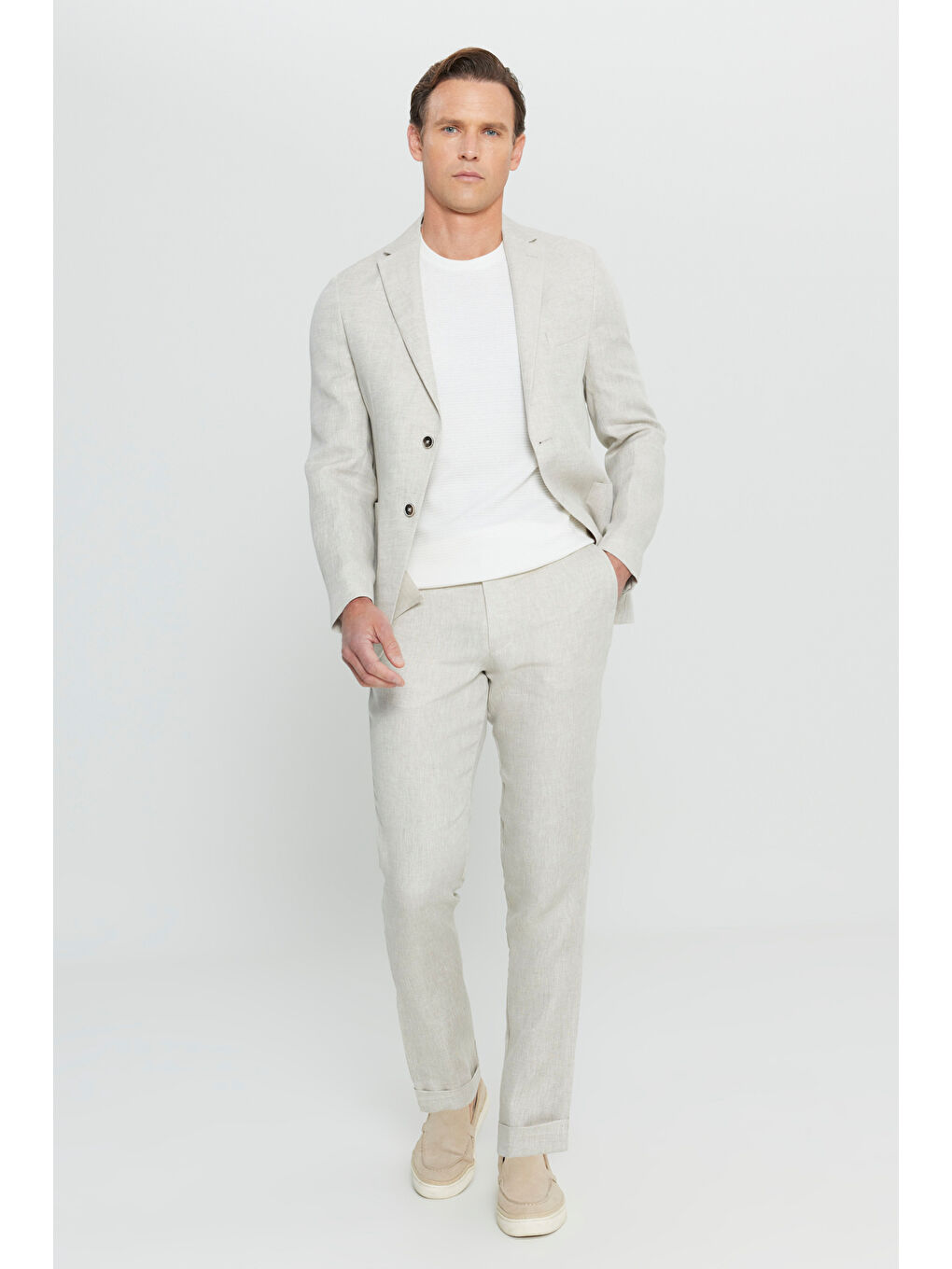 Erkek Bej %100 Keten Ekstra Slim Fit Dar Kesim Beli Bağlamalı Kapak Cepli Takım Elbise-2