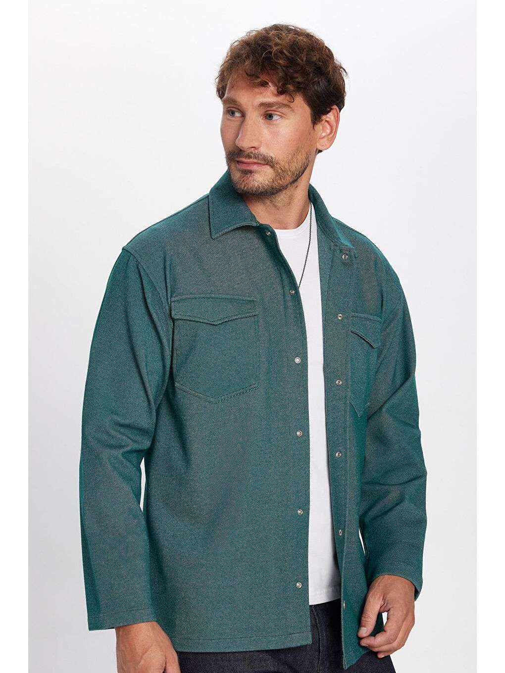 Erkek Relax Fit Rahat Kesim Çift Cepli Örme Yeşil Apaş Yaka Gömlek-1