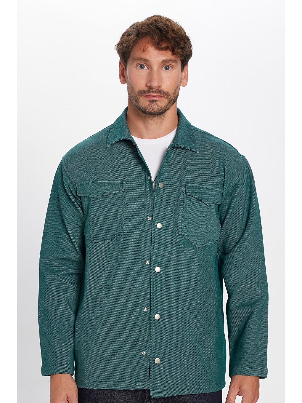 Erkek Relax Fit Rahat Kesim Çift Cepli Örme Yeşil Apaş Yaka Gömlek-2