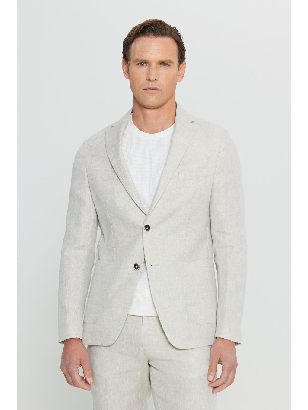 Erkek Bej %100 Keten Ekstra Slim Fit Dar Kesim Beli Bağlamalı Kapak Cepli Takım Elbise-3