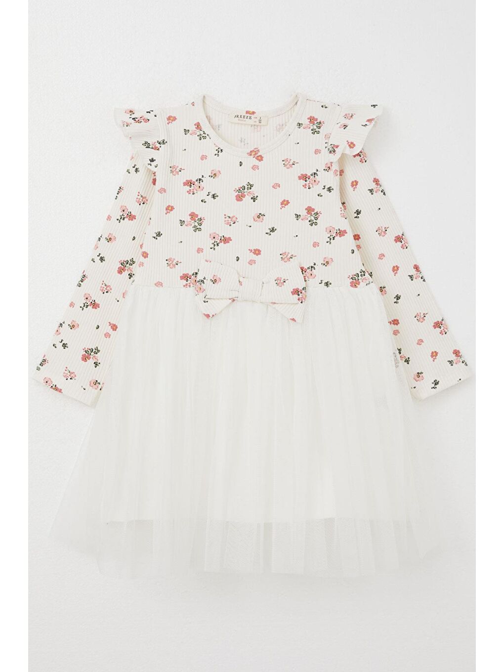 Kız Çocuk Uzun Kollu Elbise Çiçek Desenli Fiyonklu Ekru (3-4 Yaş)