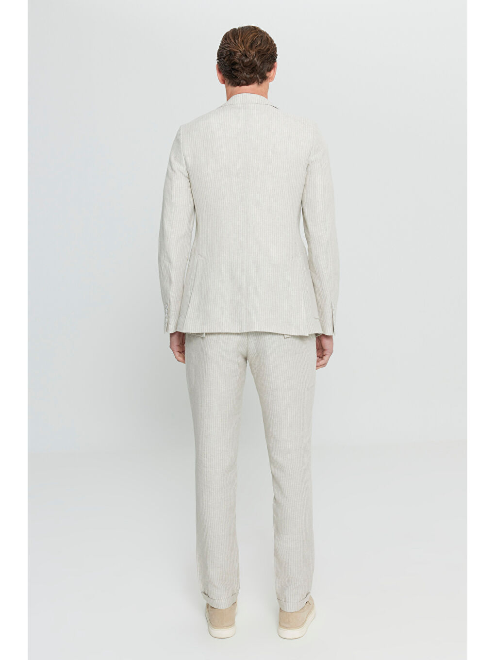 Erkek Bej %100 Keten Slim Fit Dar Kesim Mono Yaka Diagonal Desenli Torba Cepli Takım Elbise-7