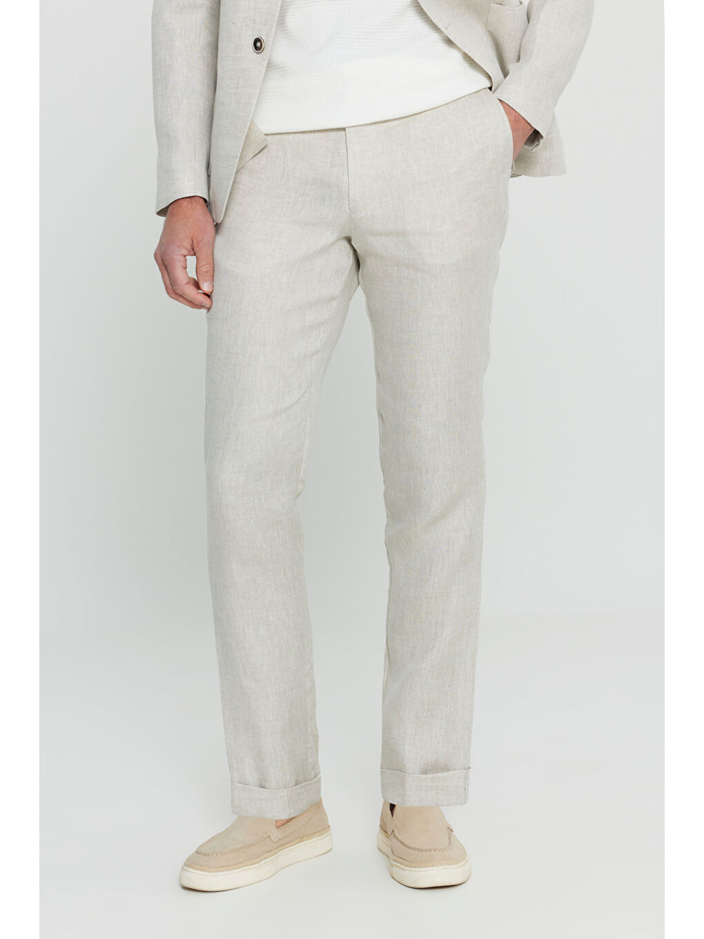 Erkek Bej %100 Keten Ekstra Slim Fit Dar Kesim Beli Bağlamalı Kapak Cepli Takım Elbise-5