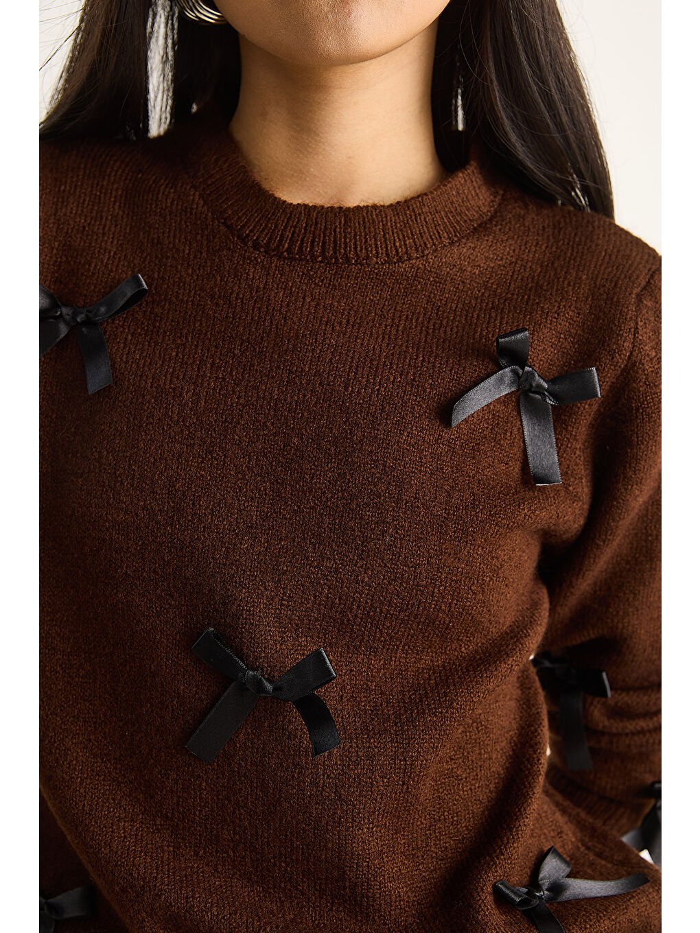 Kahverengi Kadın Fiyonklu Regular Triko Kazak-5