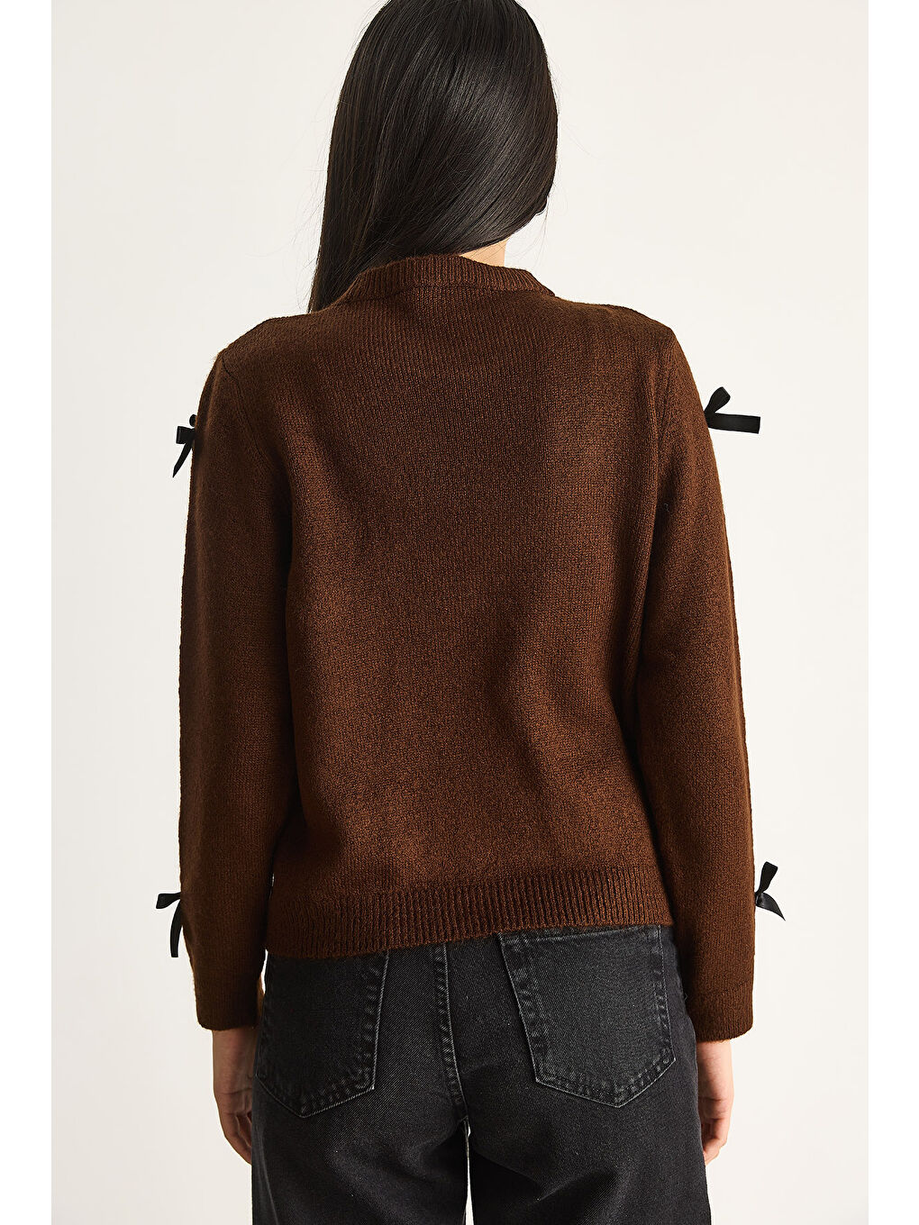 Kahverengi Kadın Fiyonklu Regular Triko Kazak-6