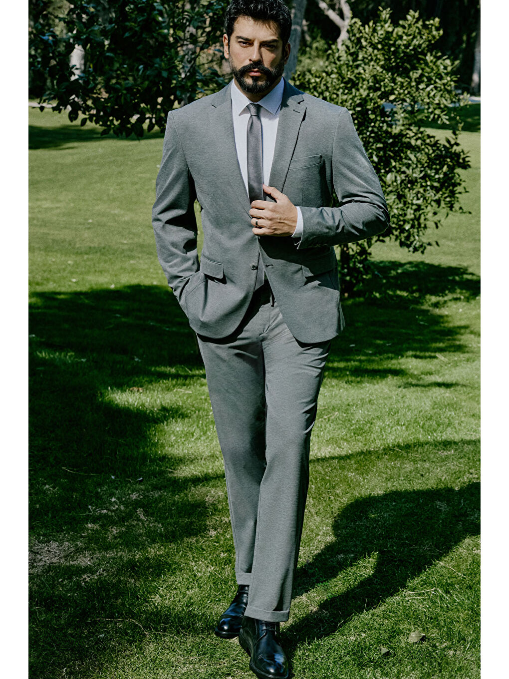 Erkek Gri Melanj Slim Fit Dar Kesim Mono Yaka Kapak Cepli Esnek Takım Elbise