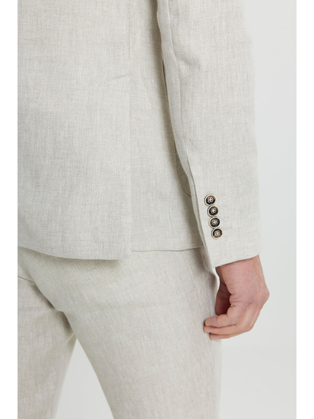 Erkek Bej %100 Keten Ekstra Slim Fit Dar Kesim Beli Bağlamalı Kapak Cepli Takım Elbise-6