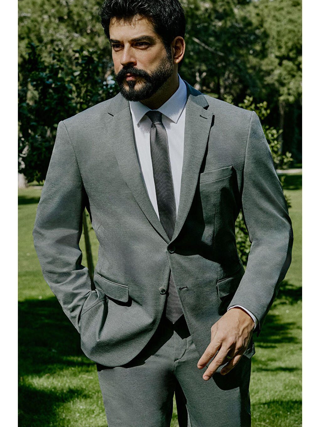 Erkek Gri Melanj Slim Fit Dar Kesim Mono Yaka Kapak Cepli Esnek Takım Elbise-1