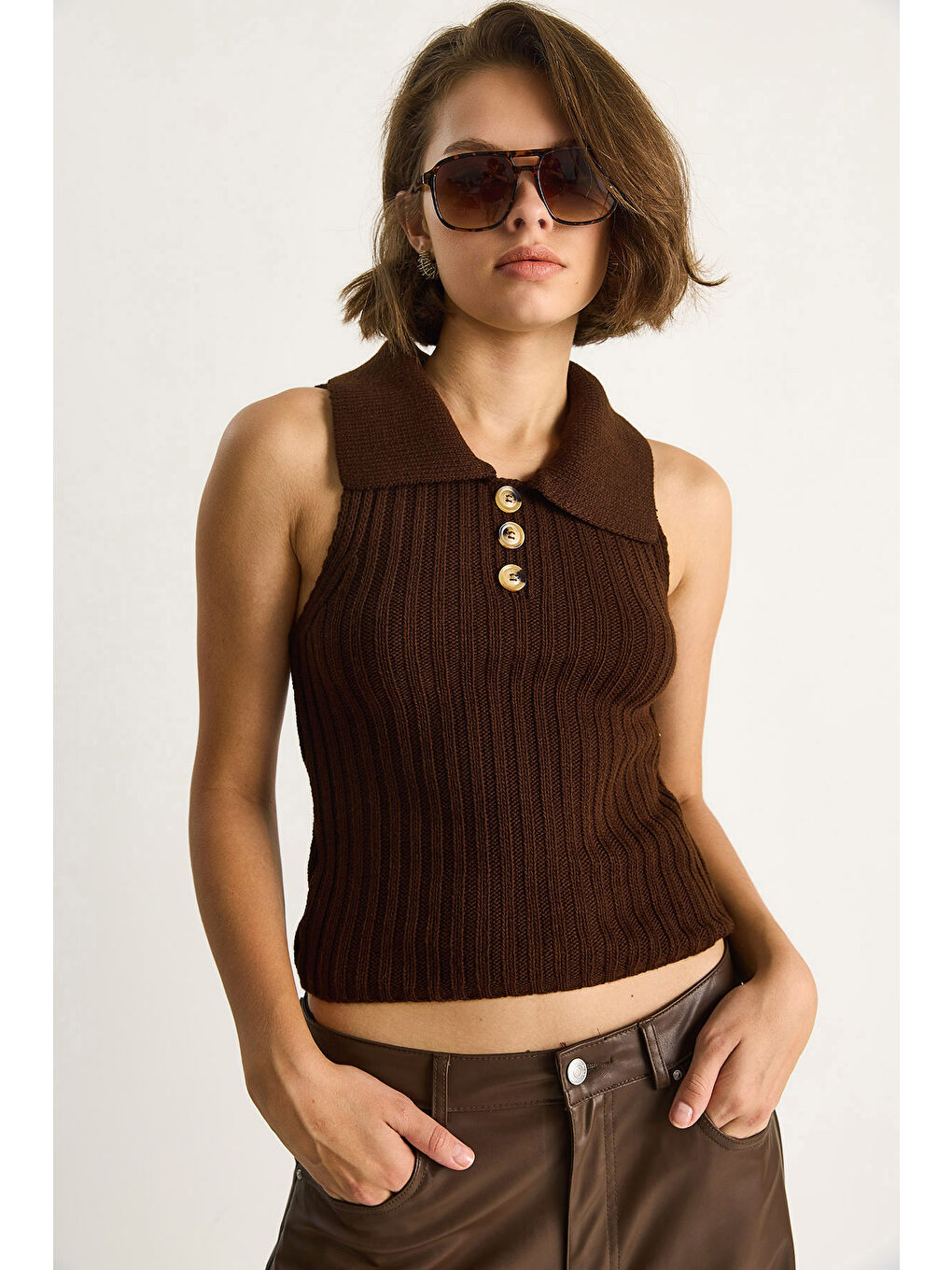 Kahverengi Kadın Yakalı Fitilli Yazlık Triko Bluz