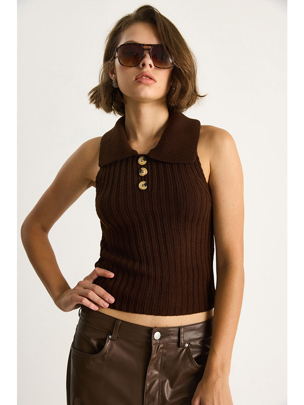 Kahverengi Kadın Yakalı Fitilli Yazlık Triko Bluz-1