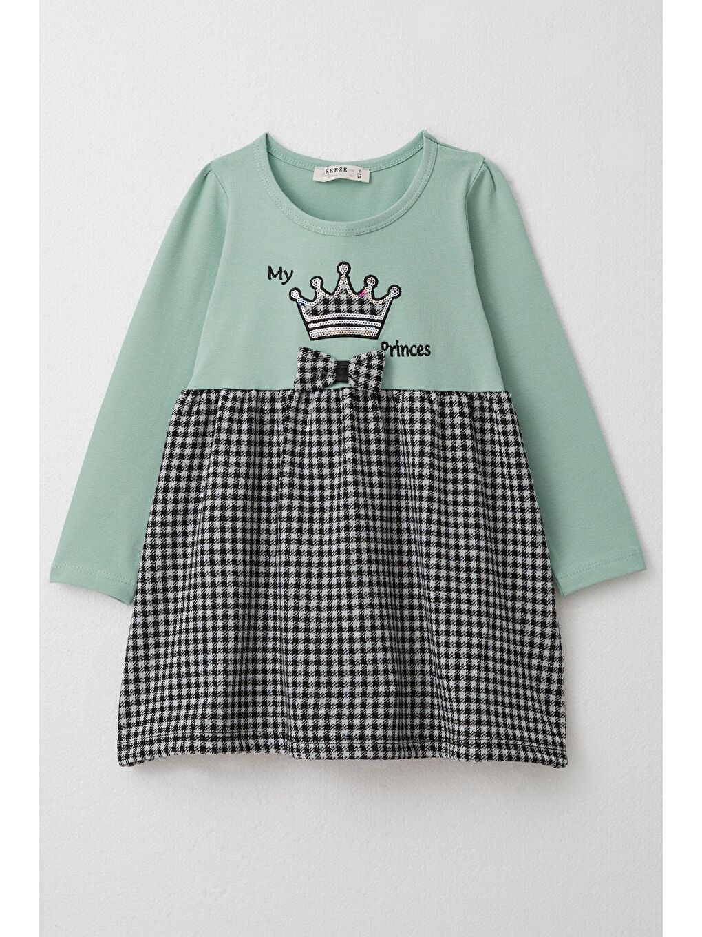 Turkuaz Kız Çocuk Uzun Kollu Elbise Prenses Tacı Nakışlı Fiyonklu Su Yeşili (2-4 Yaş)